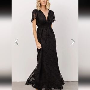 Baltic Born Evelyn Smocked Maxi Dress Black Flutter Sleeve Overlay V-neck XL